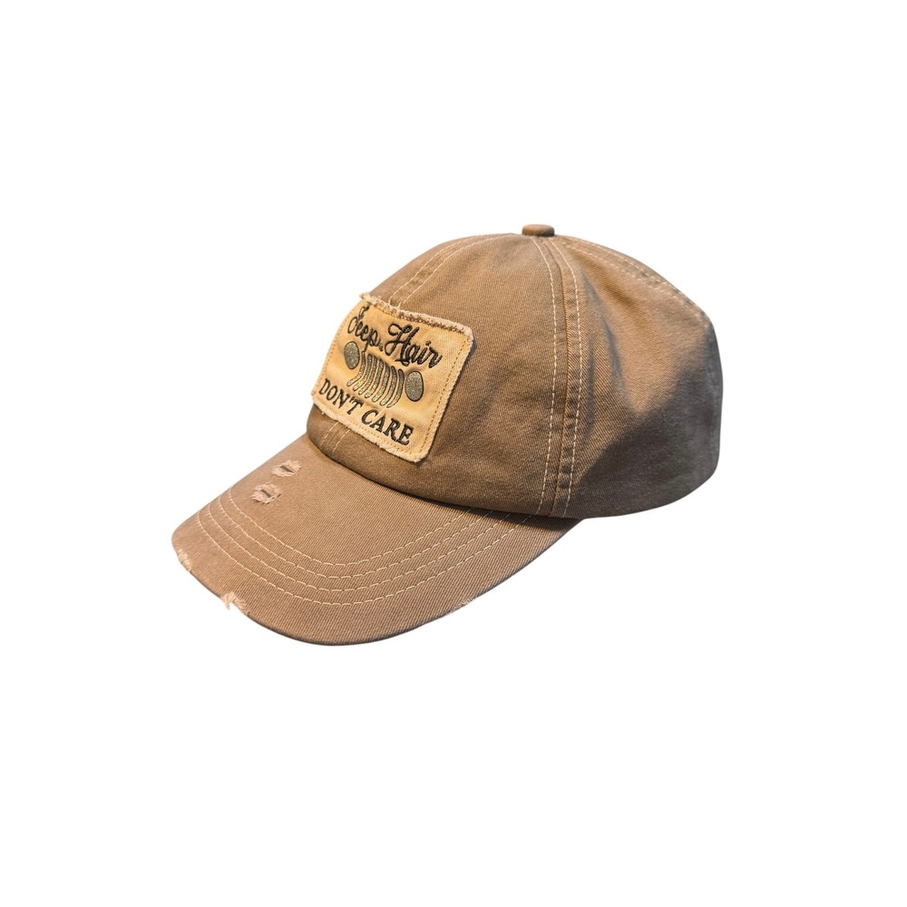 Jedco Jeep Hair Don't Care Tan Distressed Baseball Cap Hat Khaki Embroidered